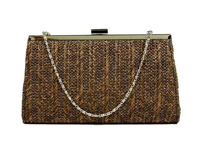 Evening Bag - Braided Straw Like w/ Metal Frame - Brown - BG-92070BR